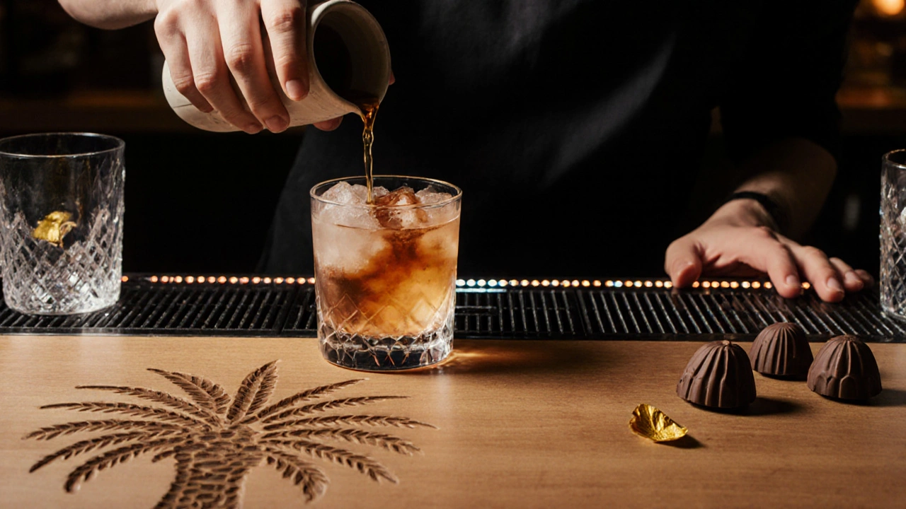 Bartender pouring a crafted cocktail with saffron chocolates and hand-carved ice on a minimalist bar.