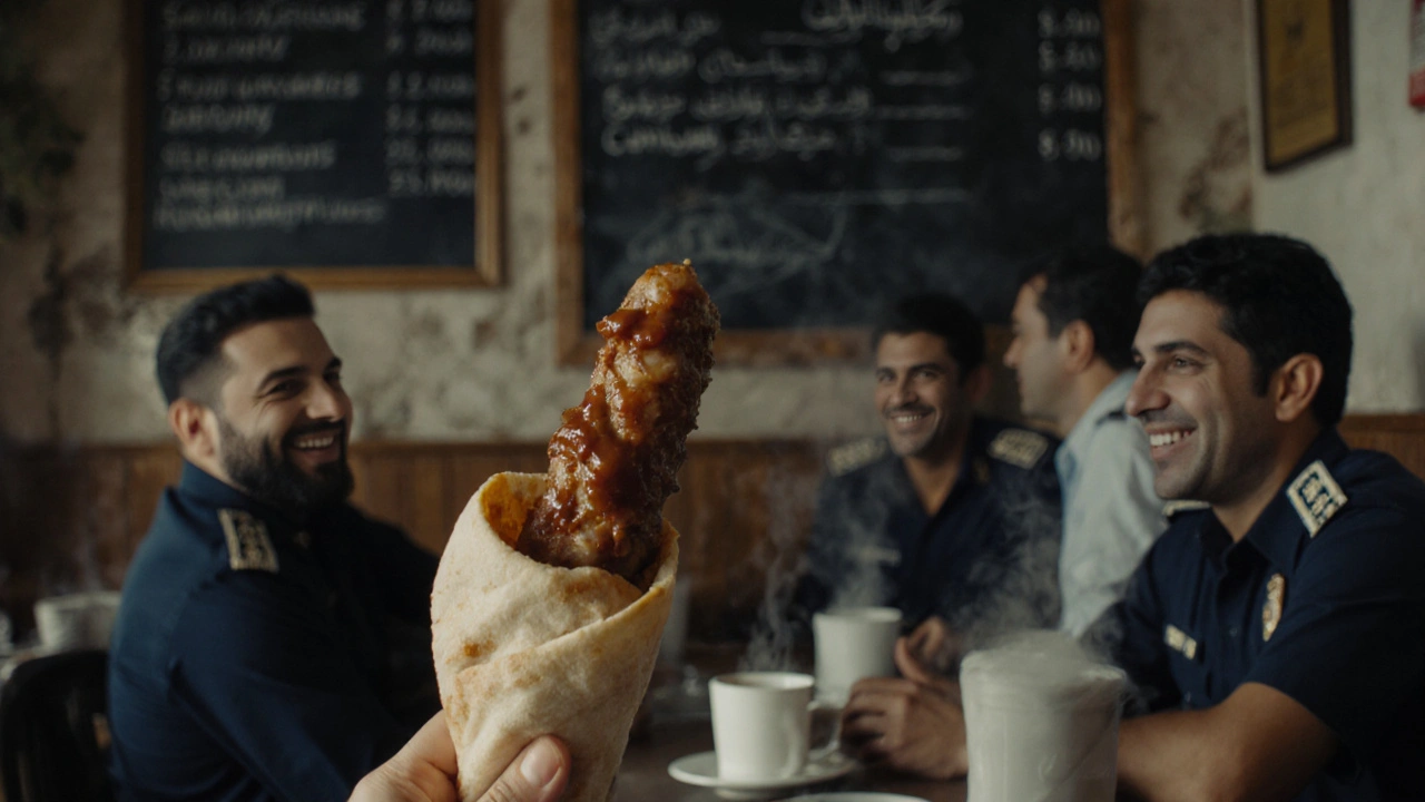 Close-up of a chicken shawarma wrap being unwrapped at Al Mallah restaurant, with workers enjoying coffee in the background.