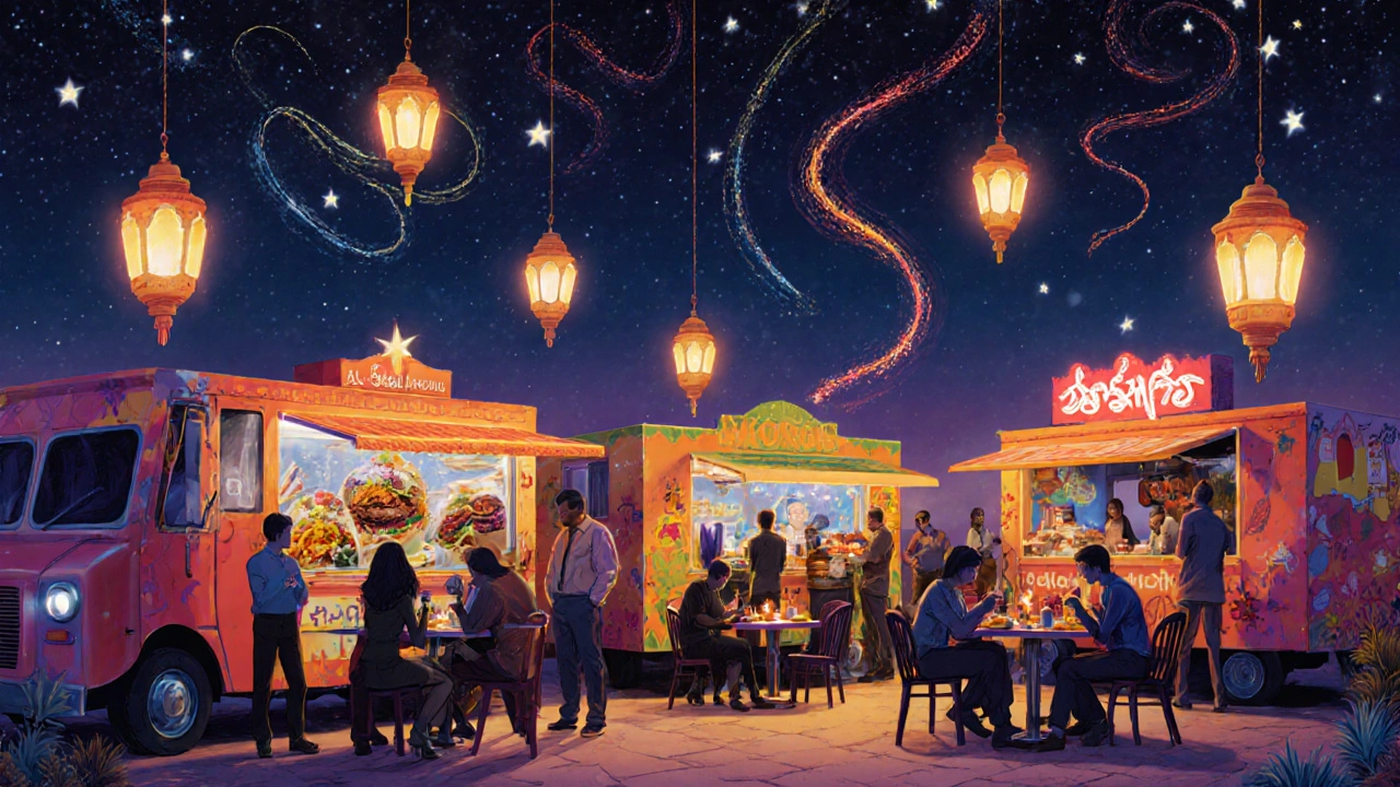 Colorful food trucks at Al Serkal Avenue at night, with spices swirling in the air like constellations above diners.