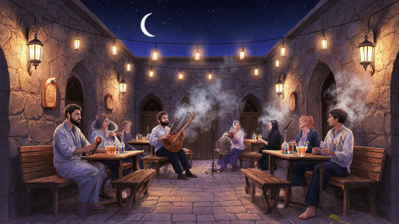 Cozy hidden courtyard bar with Emirati musicians playing oud under lantern lights