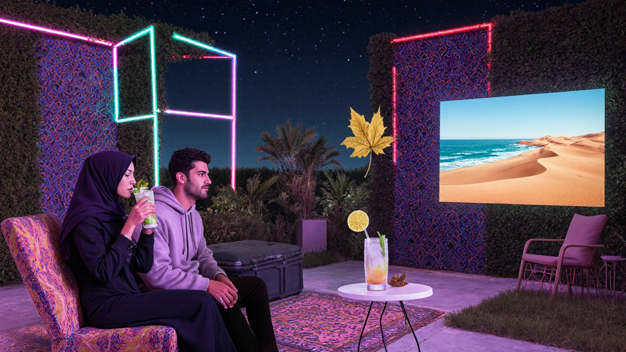 Cultural fusion scene at Soho Garden: traditional motifs meet neon lights, diverse guests, and projected desert films.