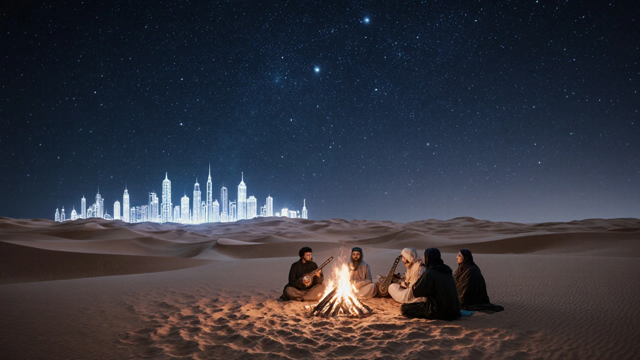 Desert night under stars with a Bedouin fire, oud music, and faint holographic city skyline in the distance.