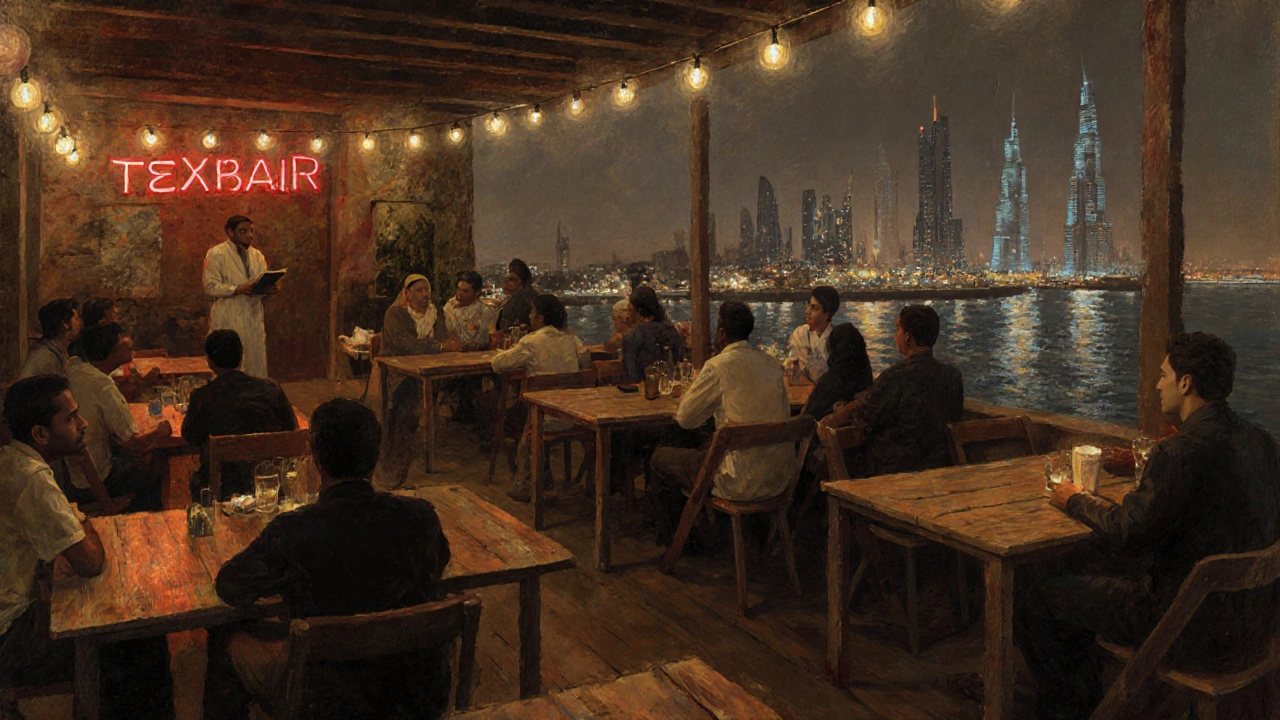 Diverse crowd listening to a poet at a modest rooftop bar during Dubai&#039;s economic crisis, warm lights above the creek.