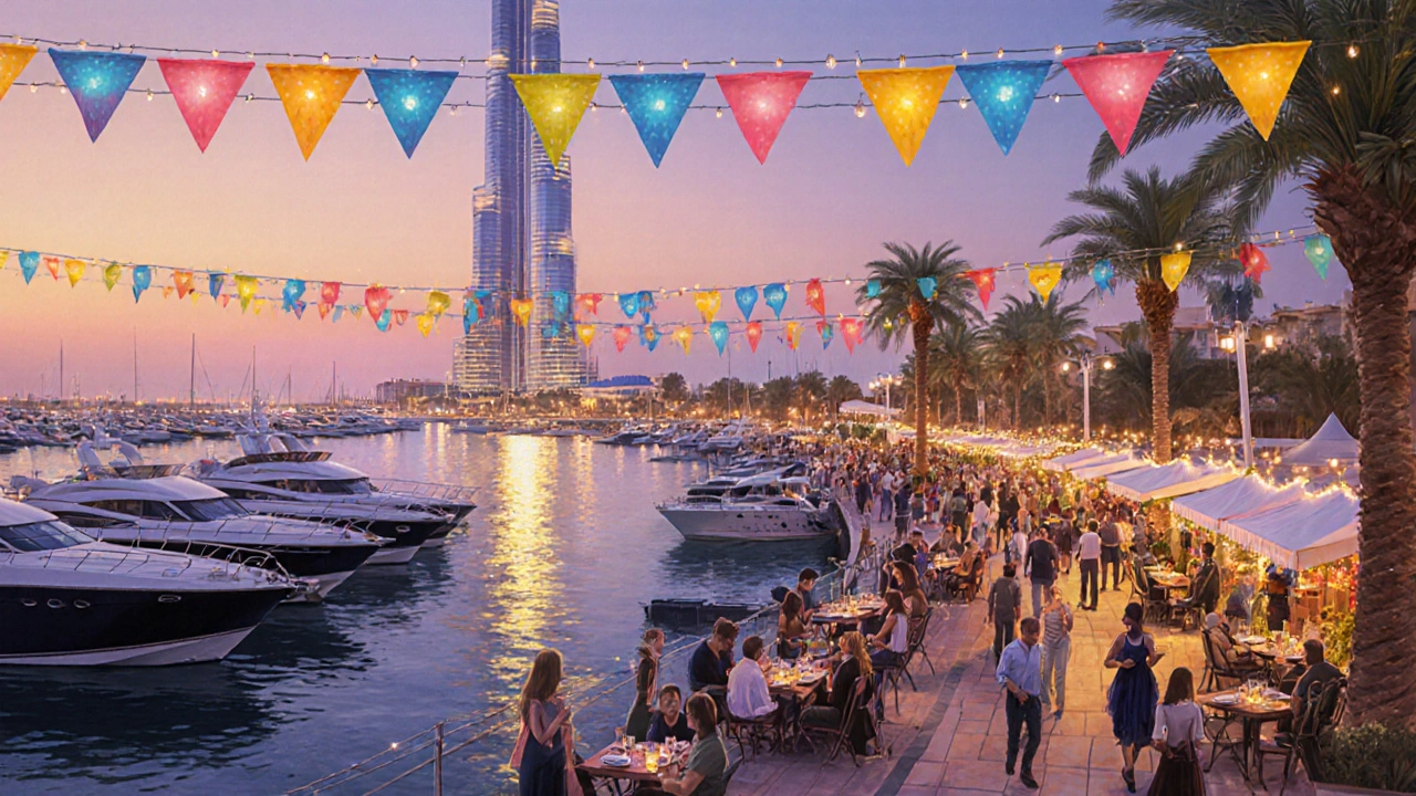 Dubai Marina promenade at dusk with yachts, lights, Burj Khalifa glowing in background.