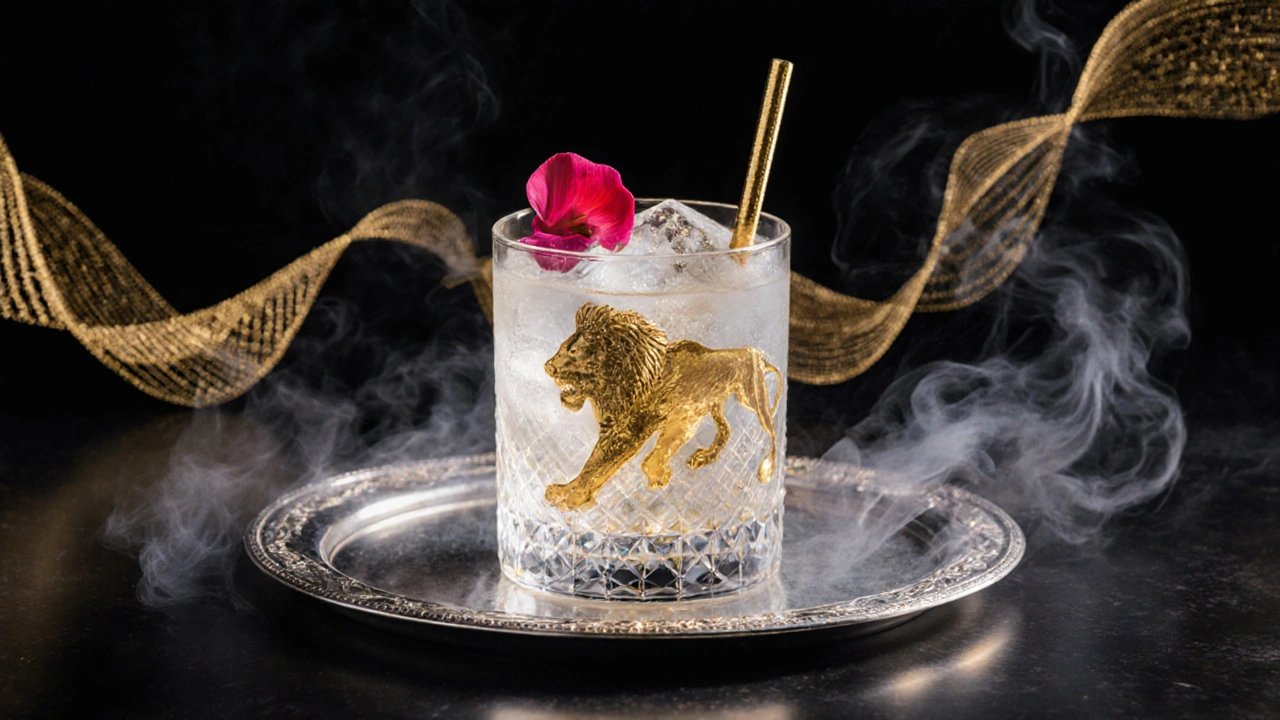 Elegant cocktail with edible gold leaf and rose petal served on silver tray, hand-carved ice and gold straw catching the light.
