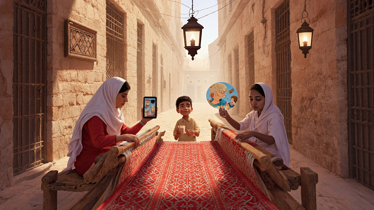 Emirati women weaving traditional Sadu textiles while children use AR tablets to view animated stories above the looms.