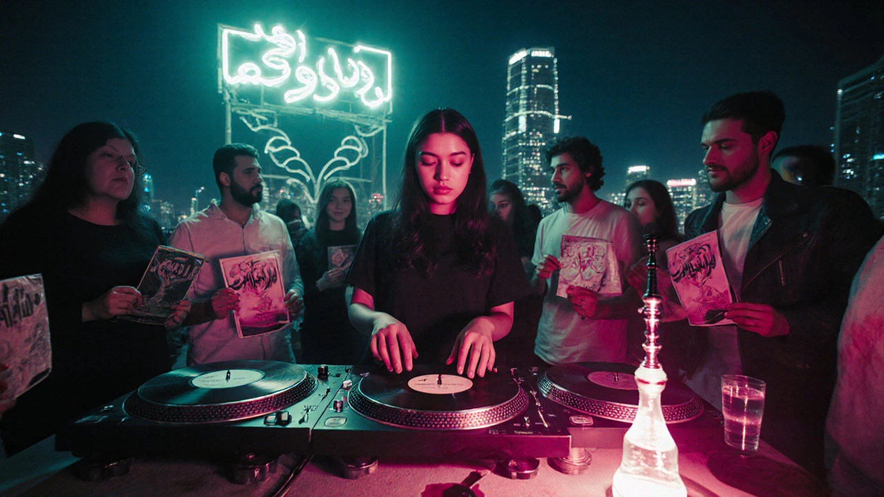 Female DJ performing at a rooftop pop-up with glowing sound waves and Dubai skyline behind.