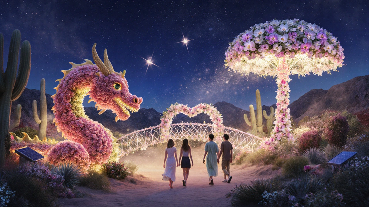Glowing floral sculptures light up at dusk in a magical desert garden at twilight.