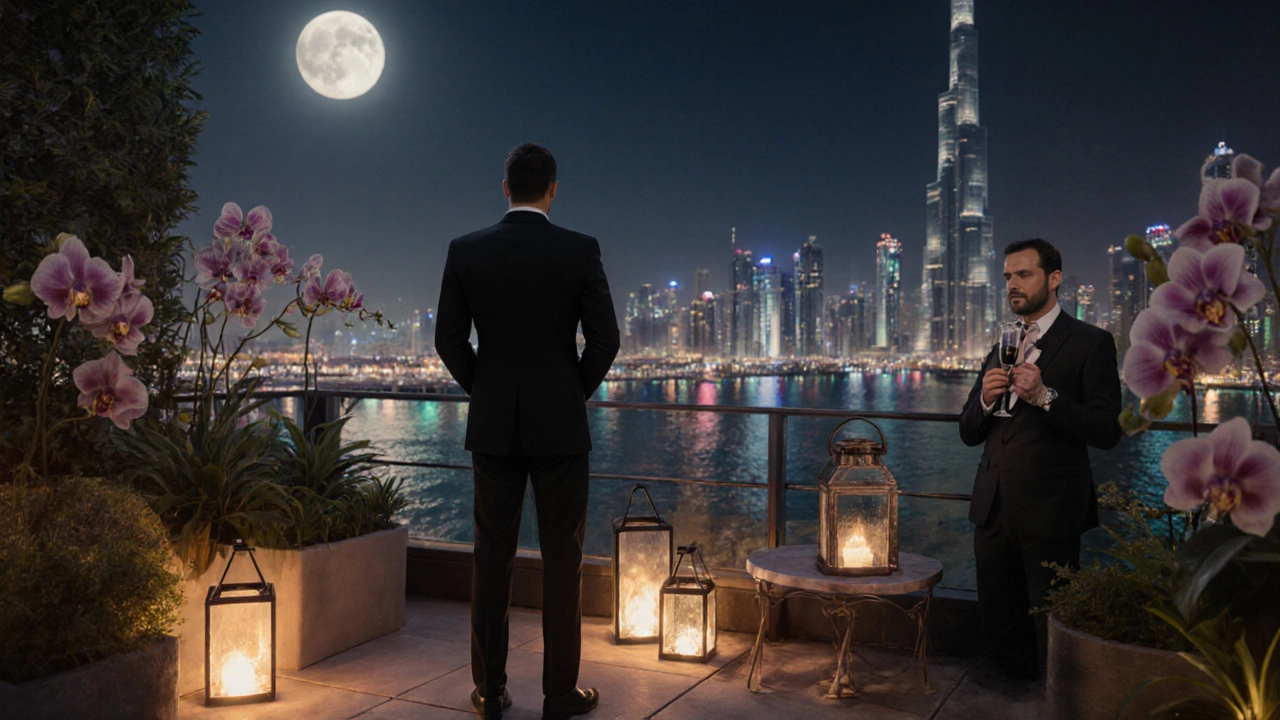 Hidden rooftop garden at night with lanterns, orchids, and Dubai Marina skyline in the distance, serene and exclusive.