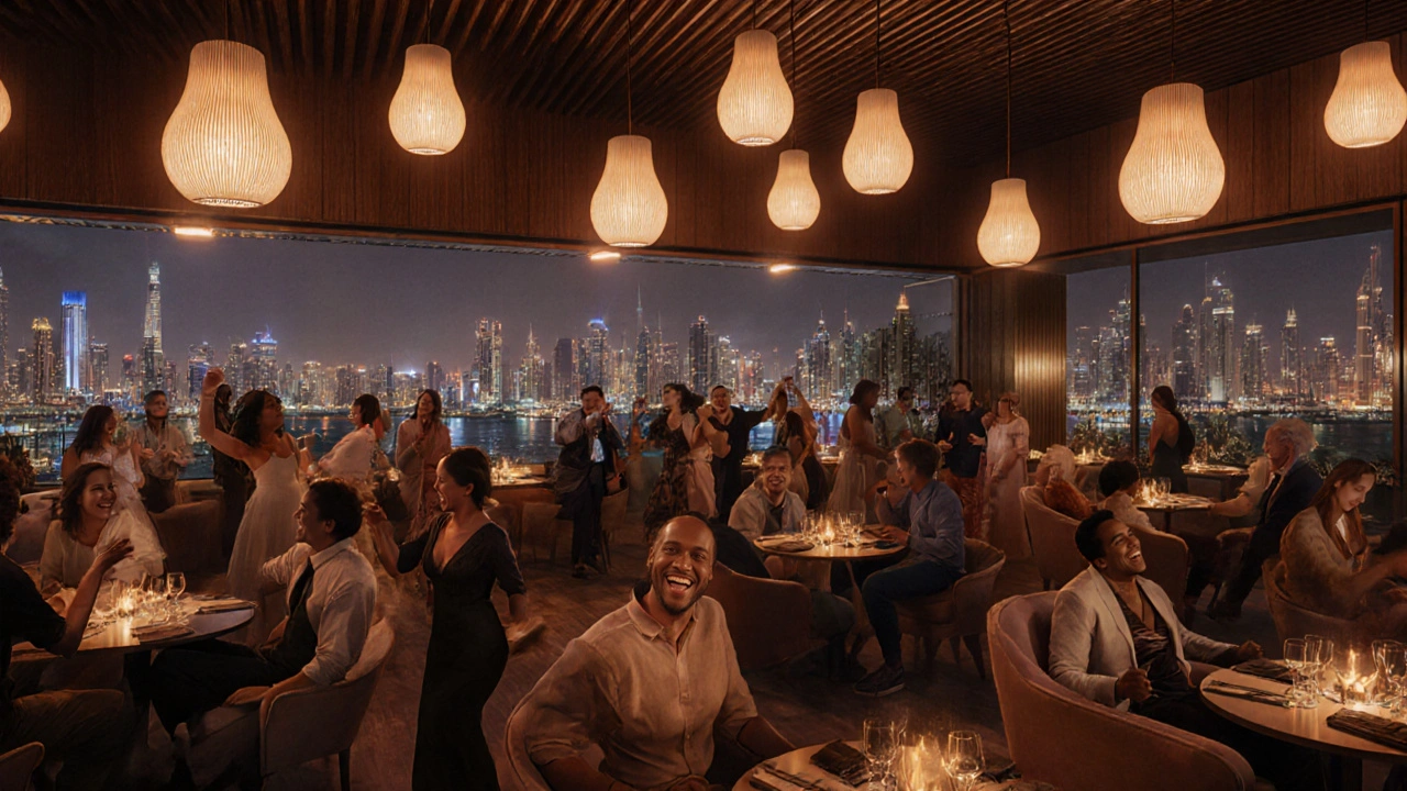Interior of a sleek Dubai nightclub with warm lighting, intimate seating, and open terraces overlooking the marina.