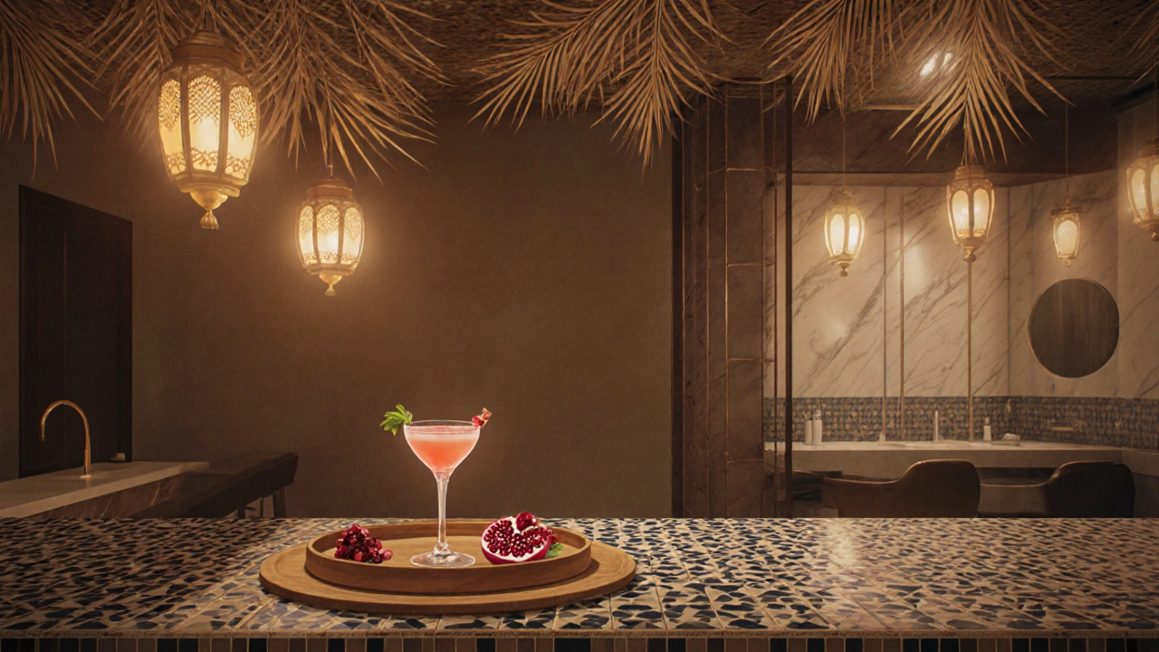 Interior of Soho Garden featuring Middle Eastern design elements, warm lantern light, and a craft cocktail on a wooden tray.