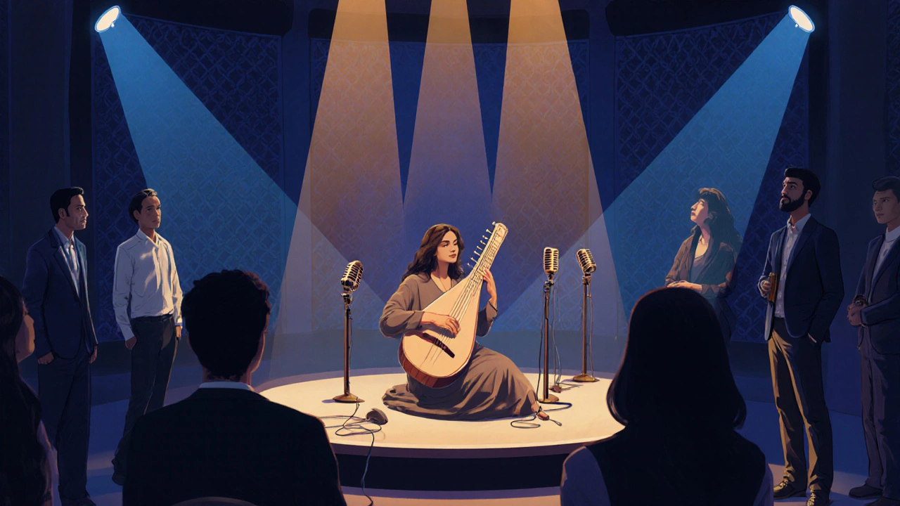 Intimate jazz performance in Dubai Opera with an oud and electronic fusion artist on stage.