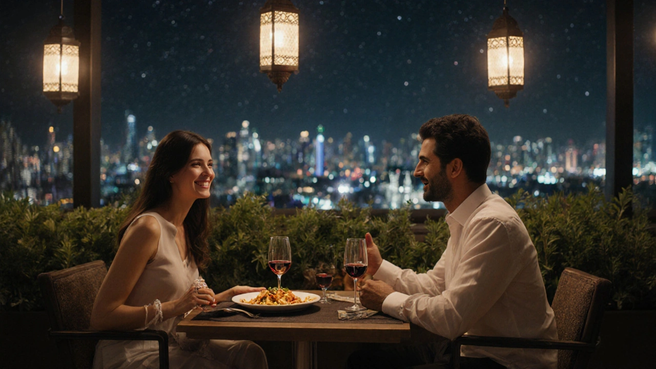 Intimate rooftop dinner in Dubai with a couple sharing wine and pasta under string lights and stars.