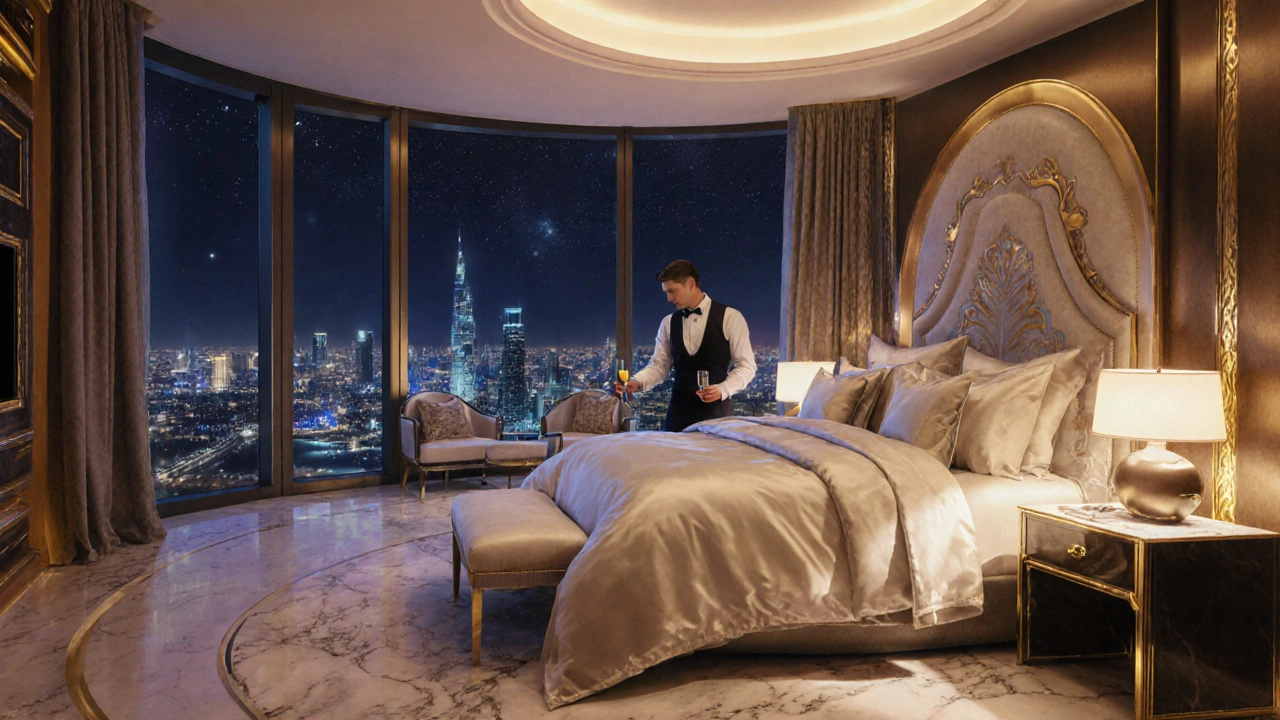 Luxury suite with a cloud-like bed and butler placing champagne, overlooking Dubai&#039;s skyline.