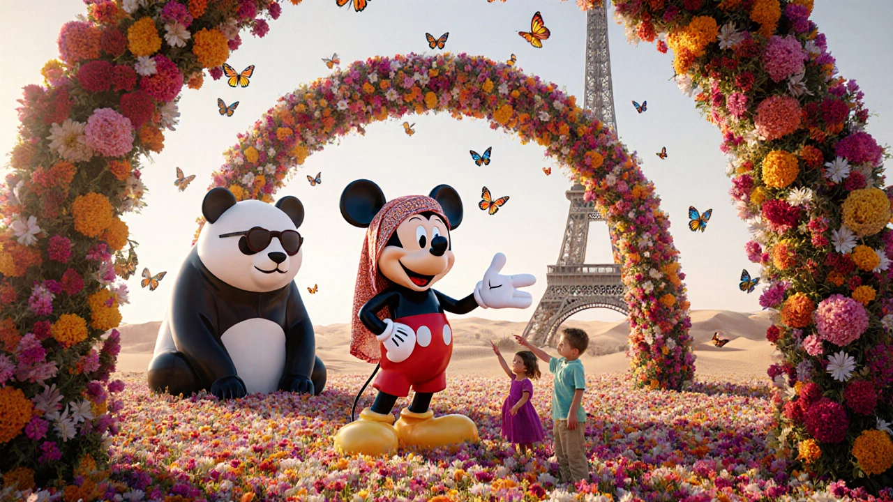Mickey Mouse in a headscarf stands among giant floral sculptures in a colorful garden.