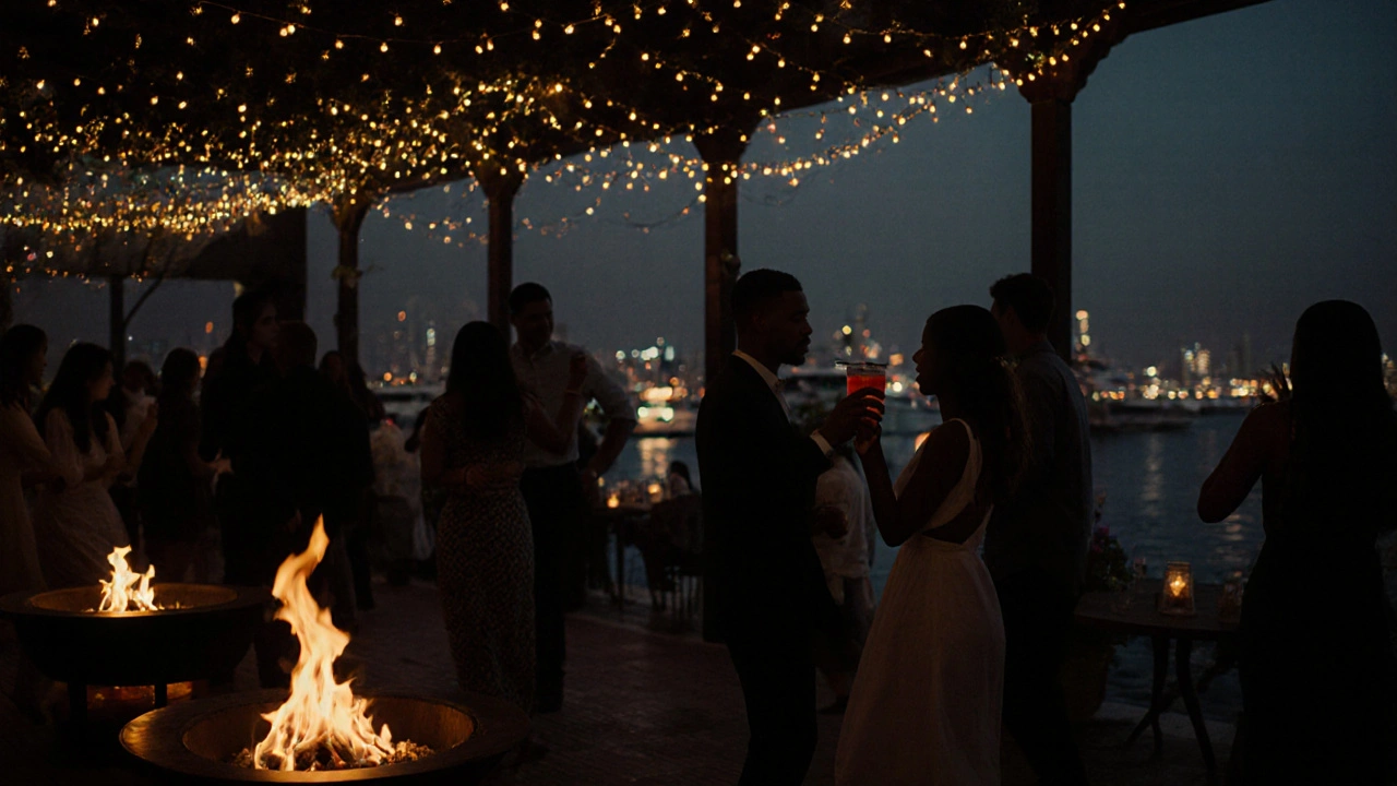Midnight party scene at a Dubai garden club with fire pits, dancing silhouettes, and waterfront views under twinkling lights.