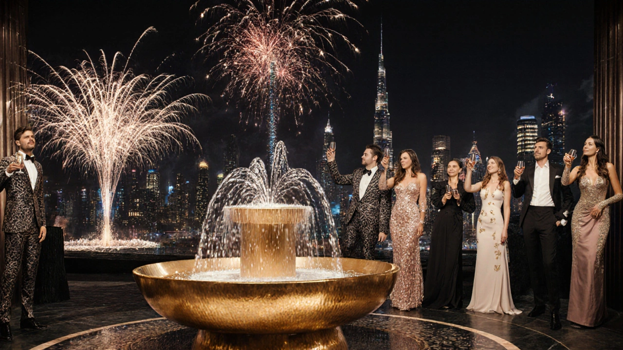 New Year&#039;s Eve celebration at Cavalli Club with gold fountain, fireworks, orchestra, and guests in formal wear under a crystal tree.