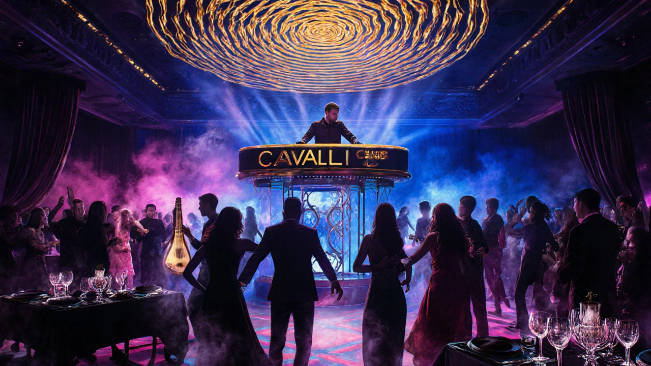 Nighttime dance floor at Cavalli Club with glowing ripples of sound and guests dancing under colorful DJ lights.