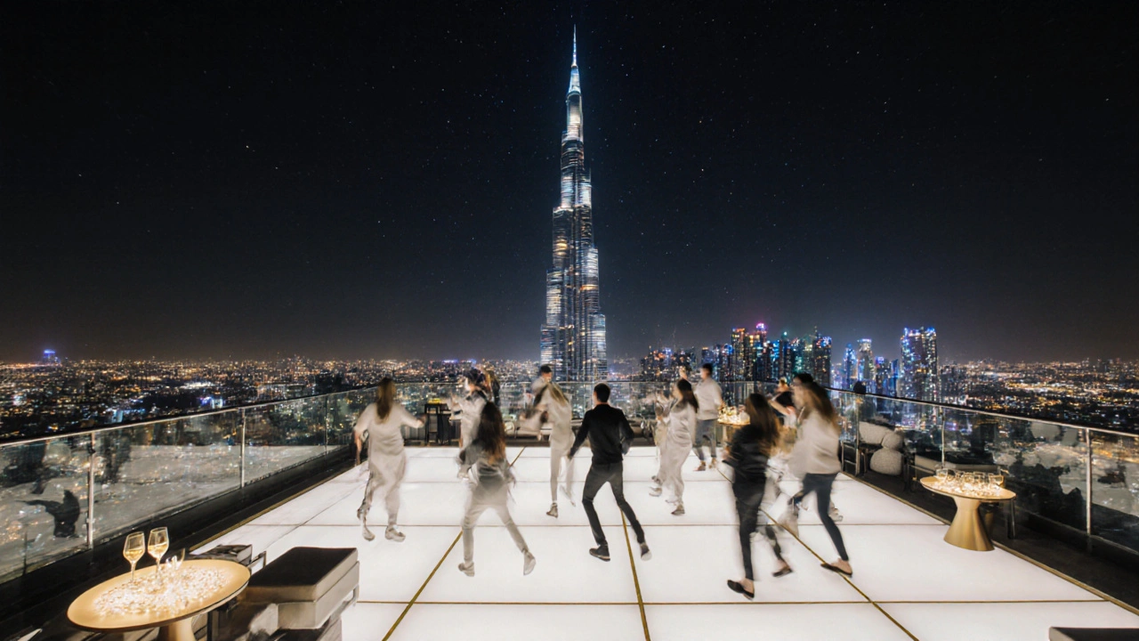 Open-air nightclub on a high-rise floor with the Burj Khalifa glowing in the background under a starry sky.