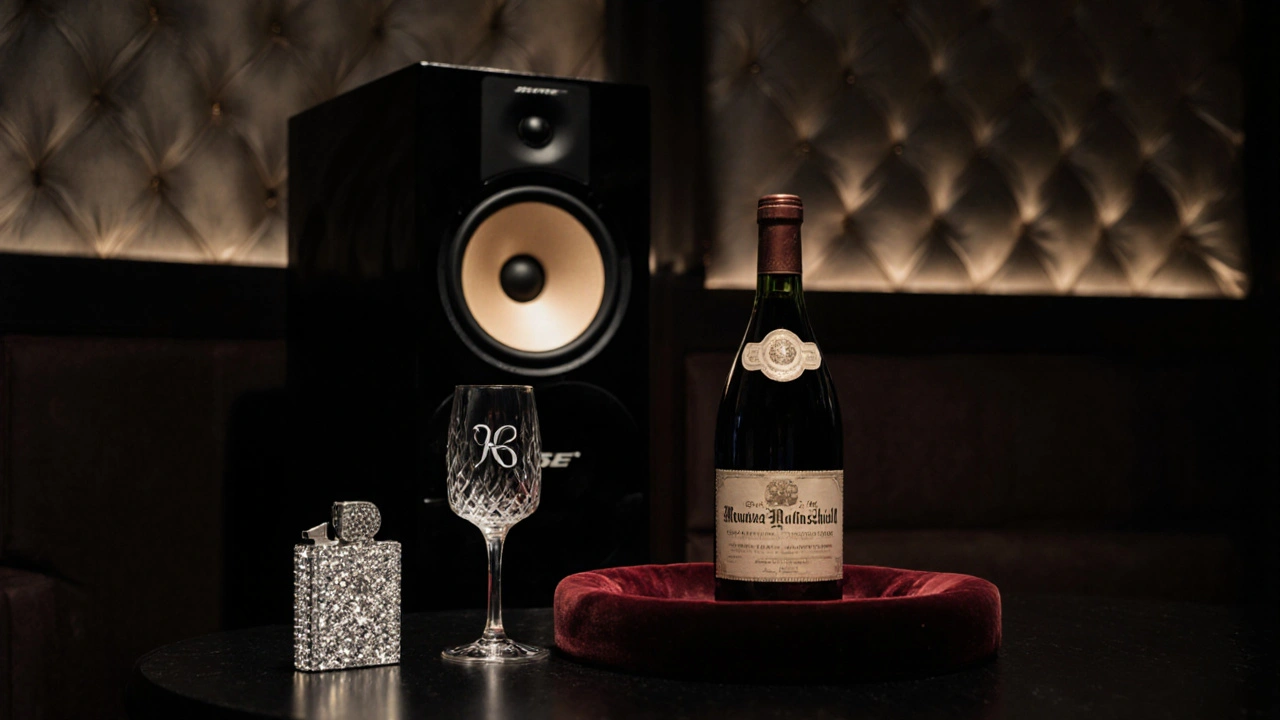 Private karaoke suite with silk walls, vintage champagne, and a diamond-encrusted lighter, symbolizing silent opulence.