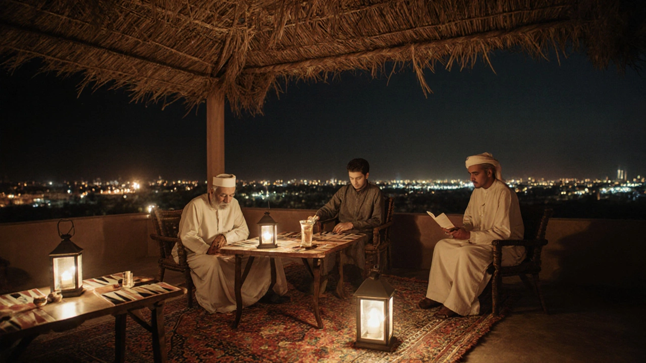 Quiet Emirati elders playing backgammon under lanterns at a traditional rooftop terrace with woven rugs and coffee.