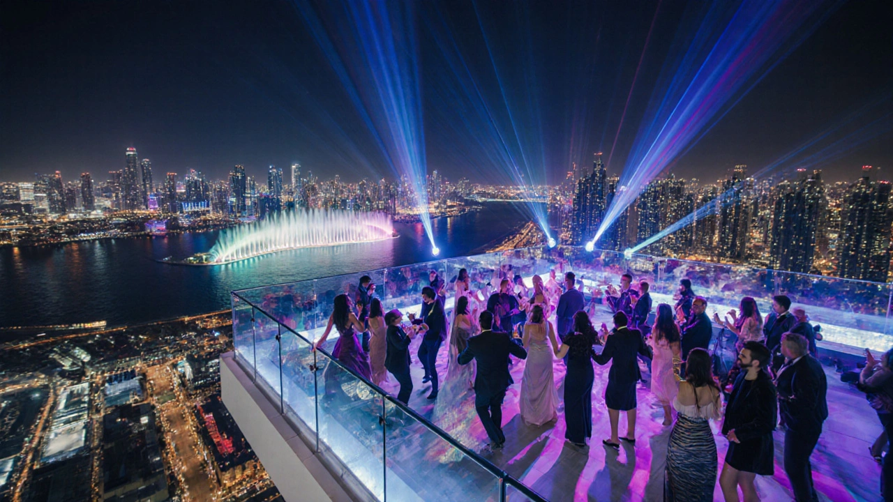 Rooftop party at White Dubai with neon lights, dancing guests, and the glittering Dubai skyline in the background.
