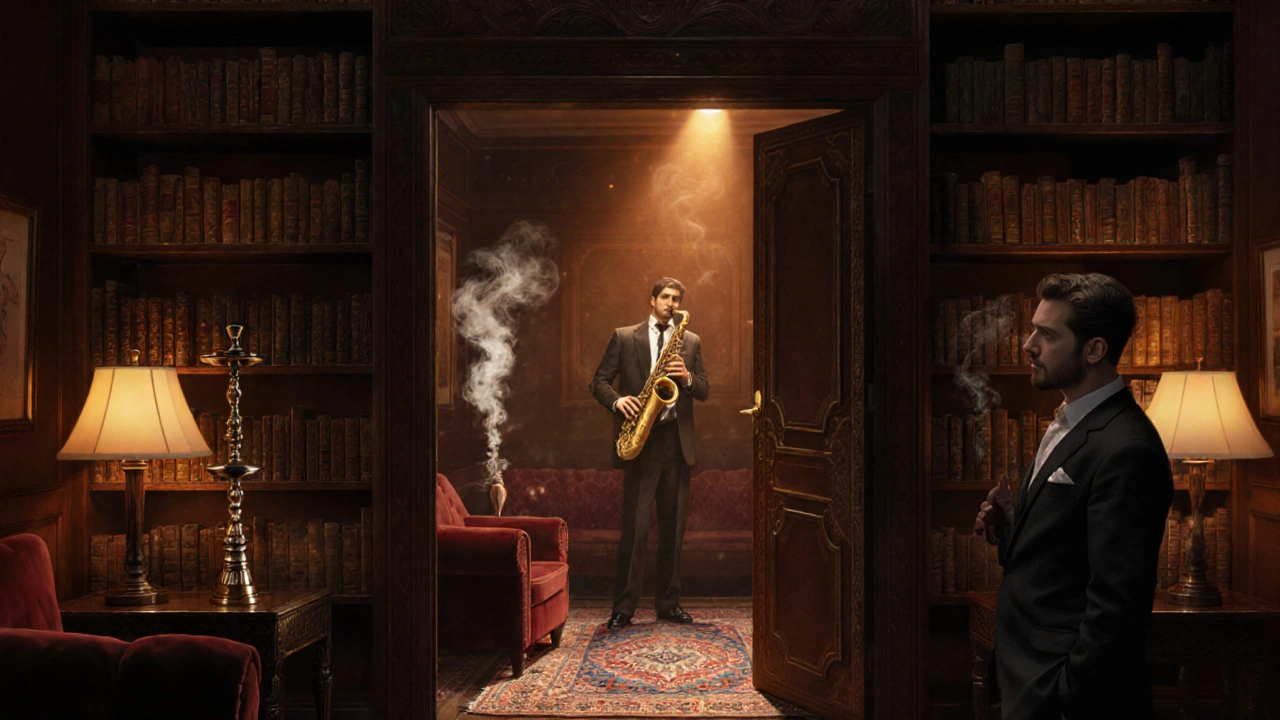 Secret speakeasy behind a bookshelf, jazz musician playing under amber light, shisha and velvet sofas in dim ambiance.