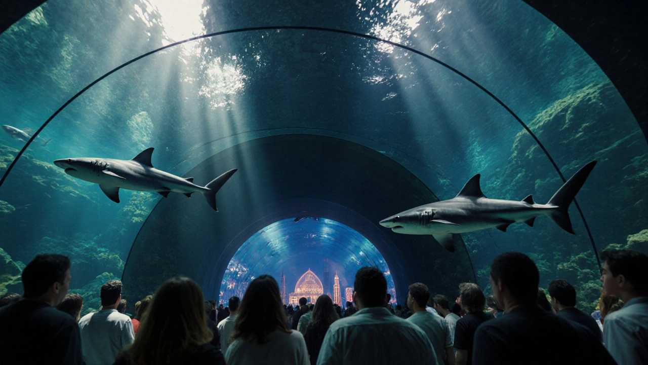 Sharks swim above a blurred crowd in the aquarium tunnel, with sunlight piercing the water like sacred beams from above.