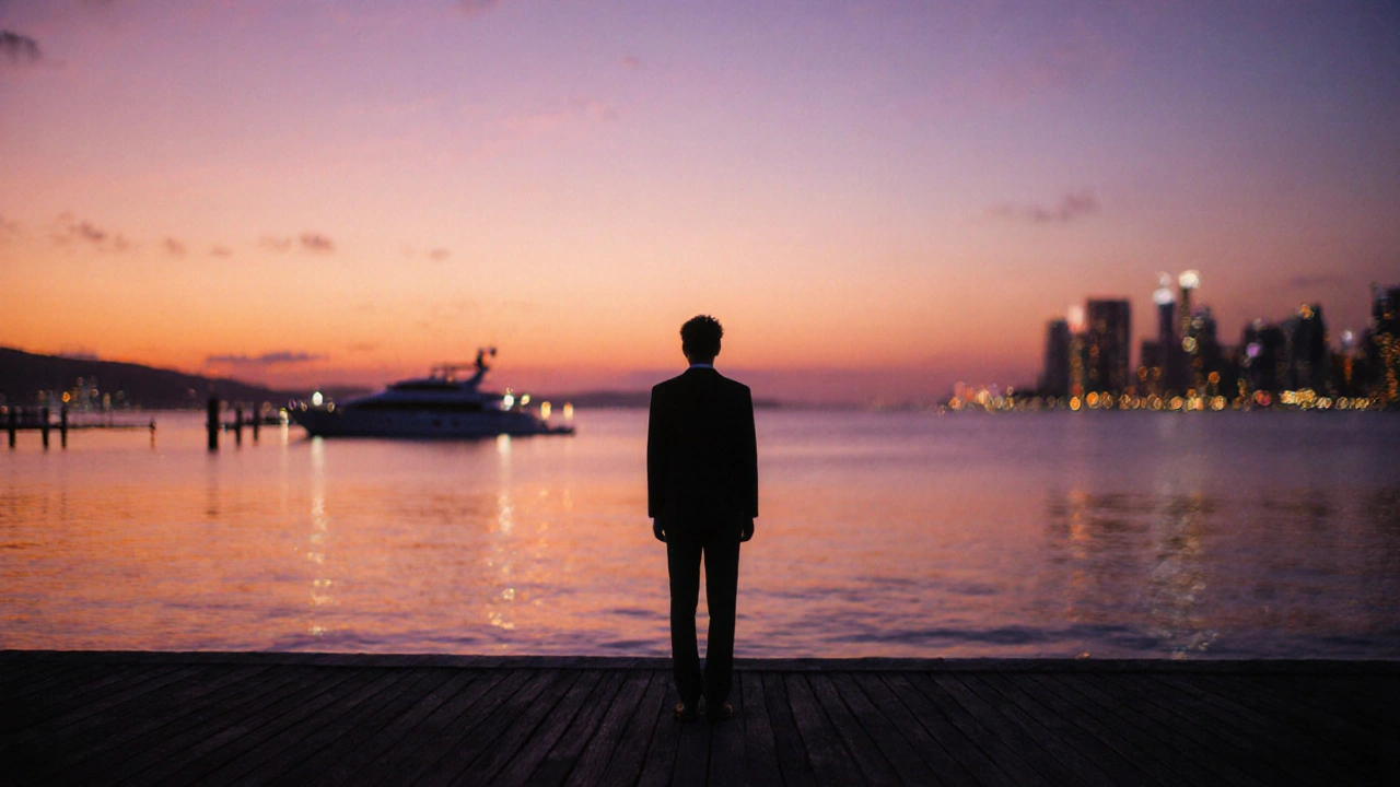 Silhouetted figure on Palm Jumeirah&#039;s crescent boardwalk at sunset, ocean and city lights glowing behind them.
