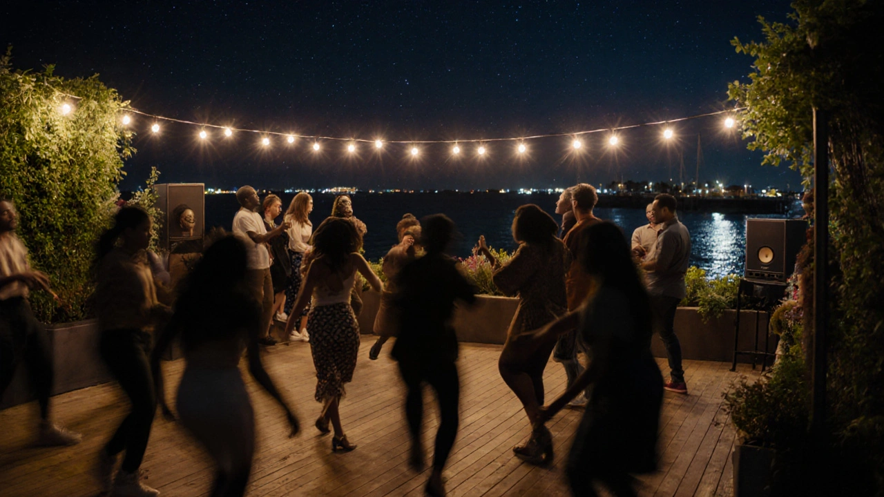 Silhouettes of people dancing under string lights at Soho Garden Dubai, with waves and stars in the night sky.