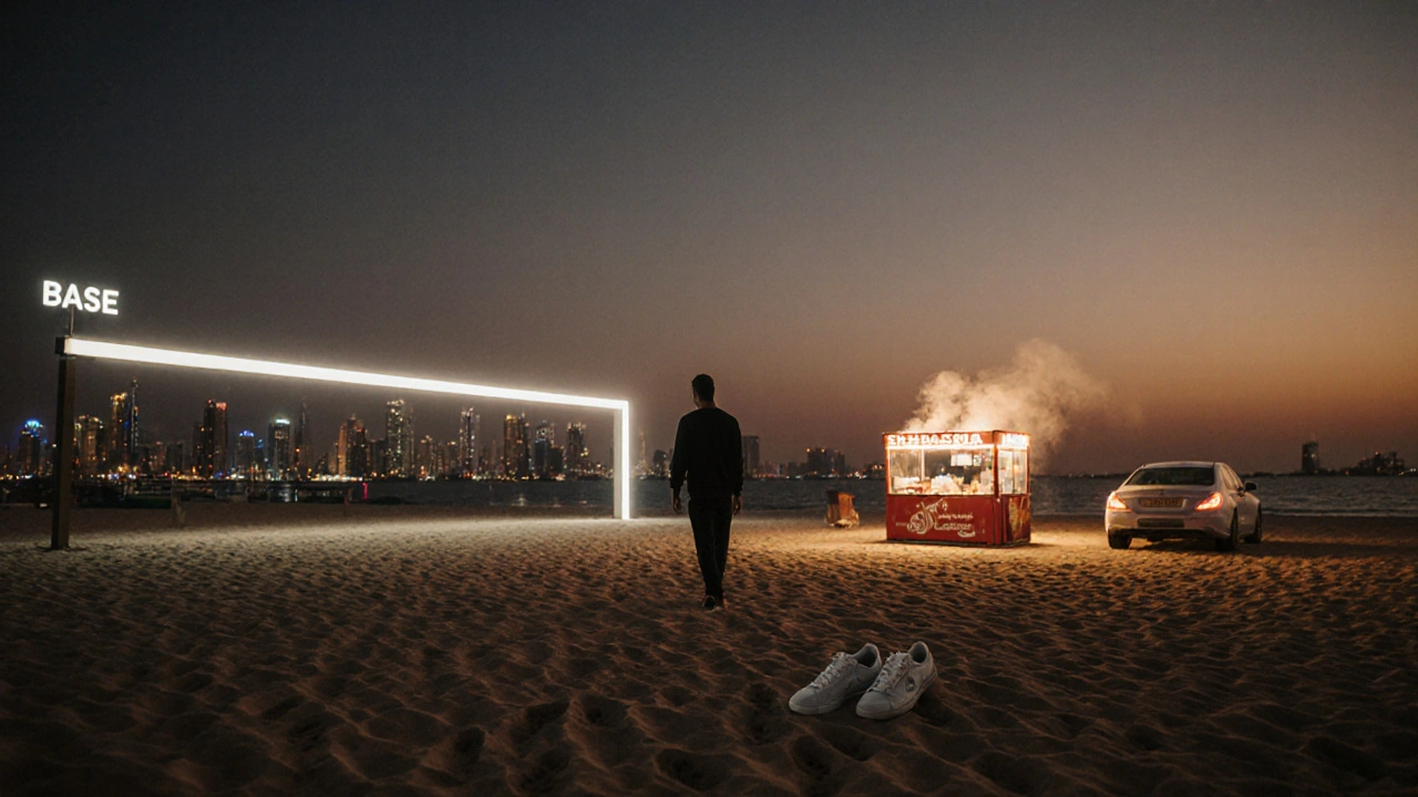 Solitary figure walking on beach at dawn after nightclub, city lights in distance