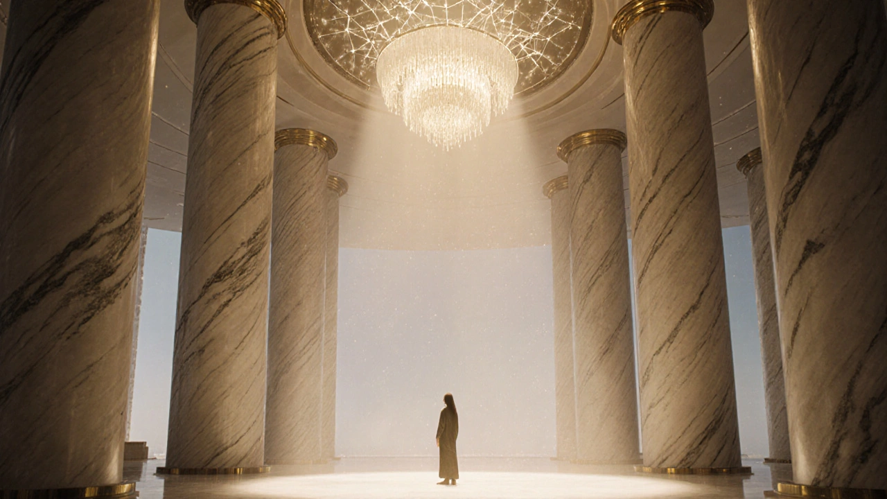 Solo figure in the grand atrium of Burj Al Arab, bathed in golden light amid towering marble columns.
