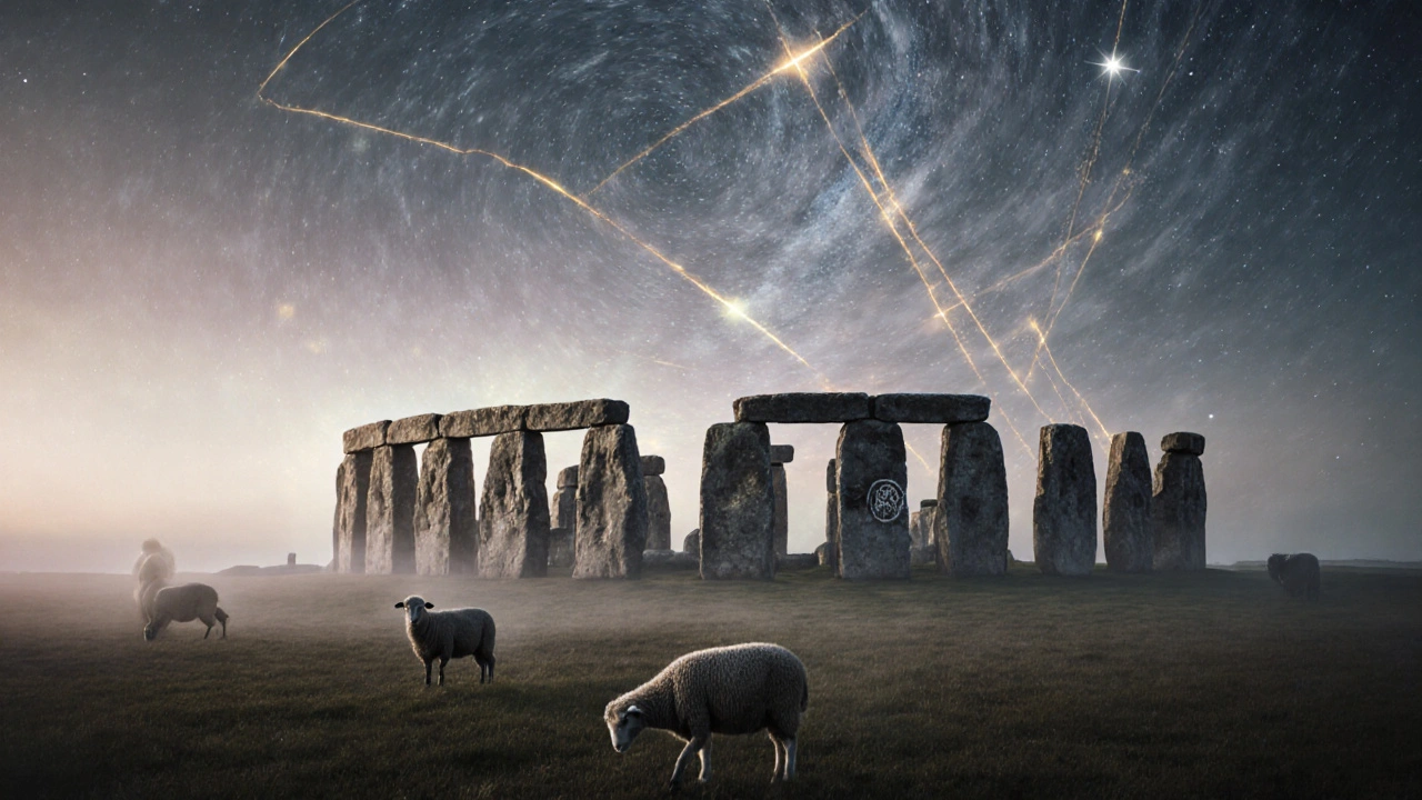 Stonehenge at dawn surrounded by fog, with faint golden energy lines connecting the stones to the sky above.