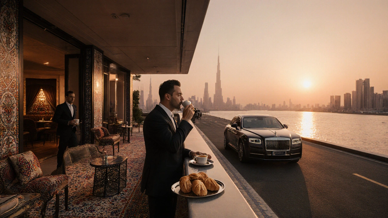 Sunrise terrace at Cavalli Club with a guest enjoying espresso as the city wakes up, Persian rugs and luxury car visible.