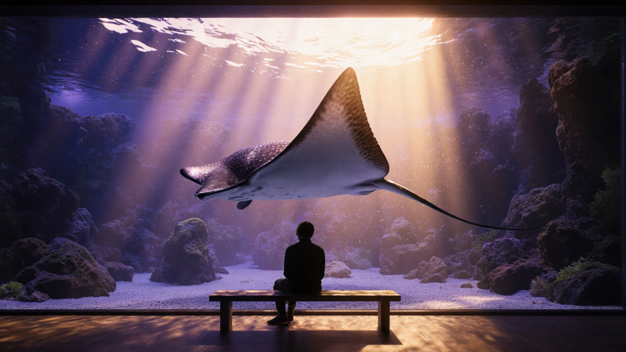Sunset light bathes the aquarium in gold and purple as a giant stingray glides past the viewing tunnel in serene silence.
