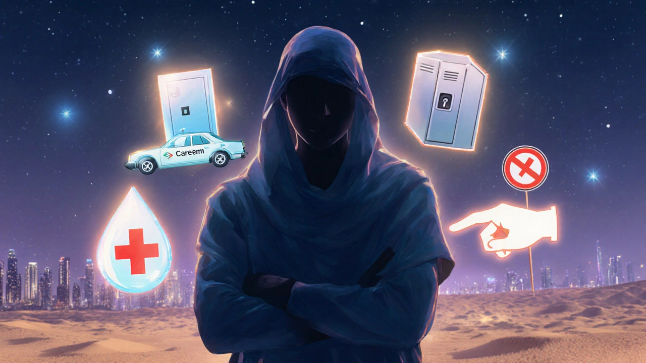 Symbolic image of a concertgoer surrounded by safety icons like a water bottle, locker, and exit sign under Dubai&#039;s night sky.