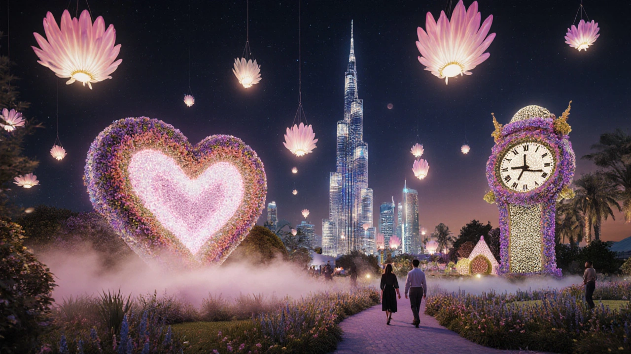 The flower garden at night glows with soft lights, creating a magical, lantern-filled wonderland.