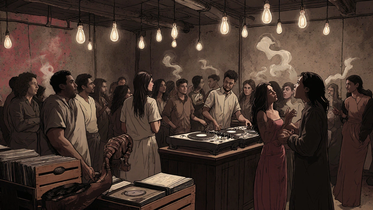 Underground techno club in Alserkal Avenue with industrial decor, crowd gathered around a DJ, oud instrument on display.