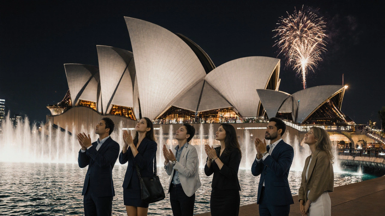 Visitors in awe outside Dubai Opera as fountain reflections shimmer and fireworks begin.