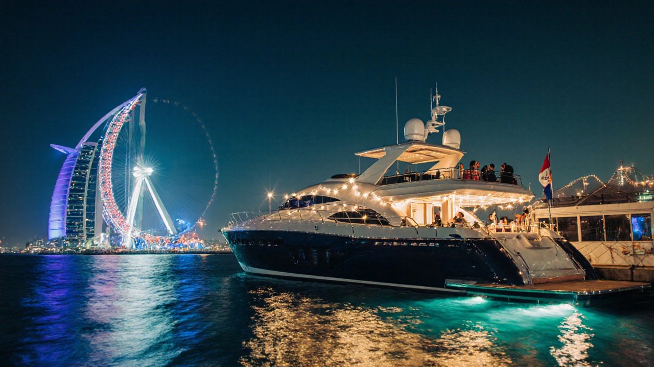 Yacht with DJ on Bluewaters Island under Ain Dubai&#039;s glowing wheel, guests sipping drinks at night.