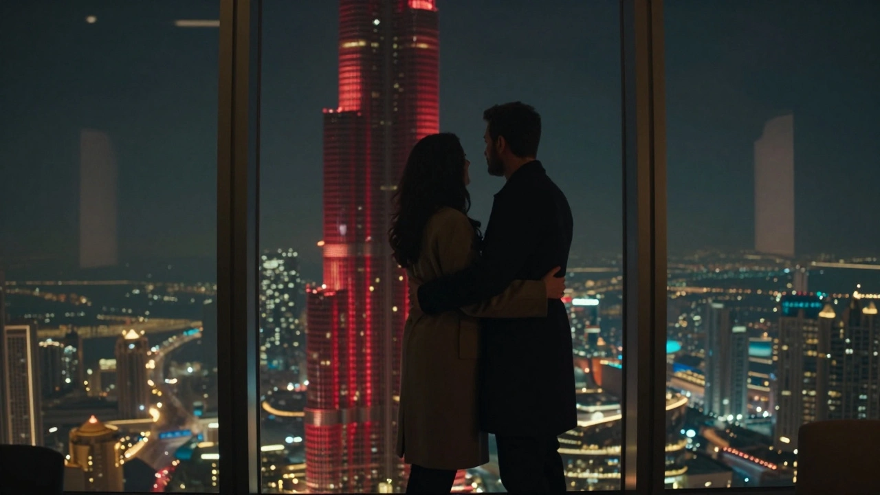 A couple shares a quiet moment on the private 152nd floor of Burj Khalifa, the tower's facade glowing crimson above the city lights.