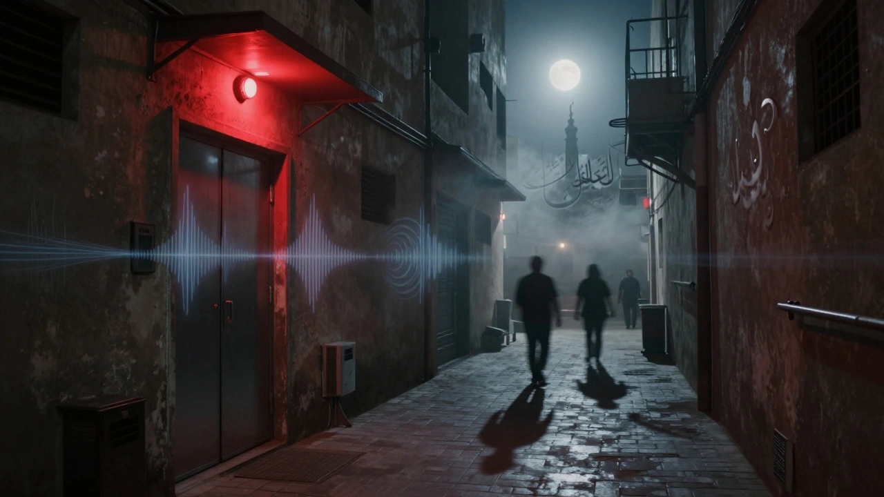 A dim alley behind Dubai Opera with a single red light above a secret club entrance.