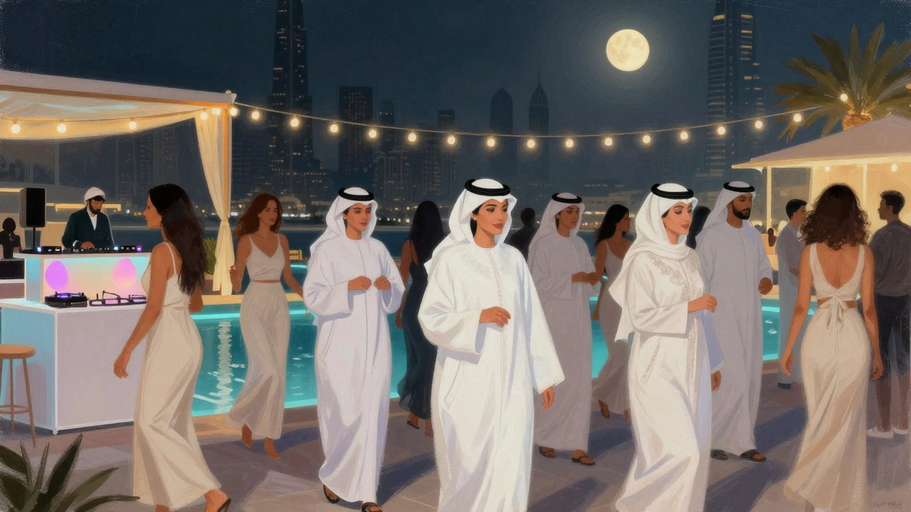 A diverse crowd moves gracefully under string lights at White Dubai, Emirati women in white abayas alongside international guests, skyline reflected on water.