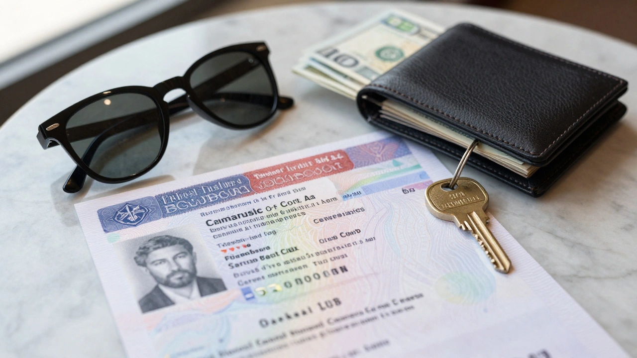 A Dubai visa and hotel key rest beside sunglasses and cash on a marble table in soft daylight.