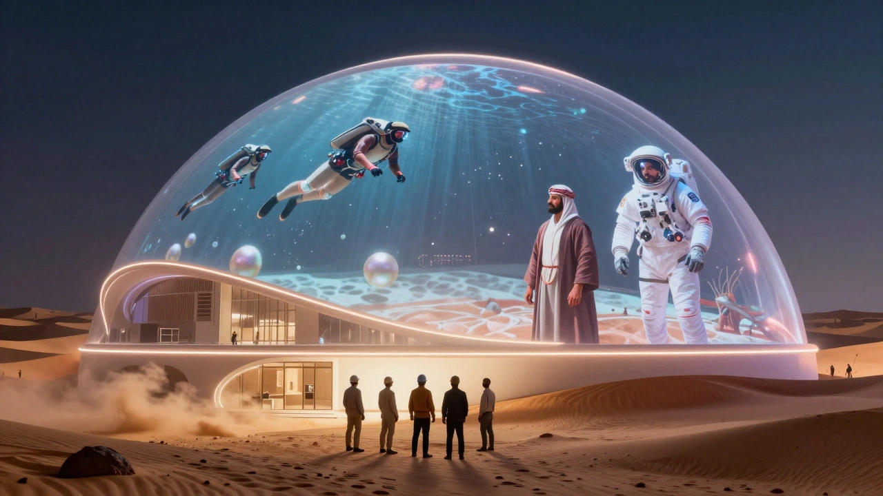 A futuristic immersive dome projecting historical Emirati scenes, with workers observing as desert sand swirls around its base.