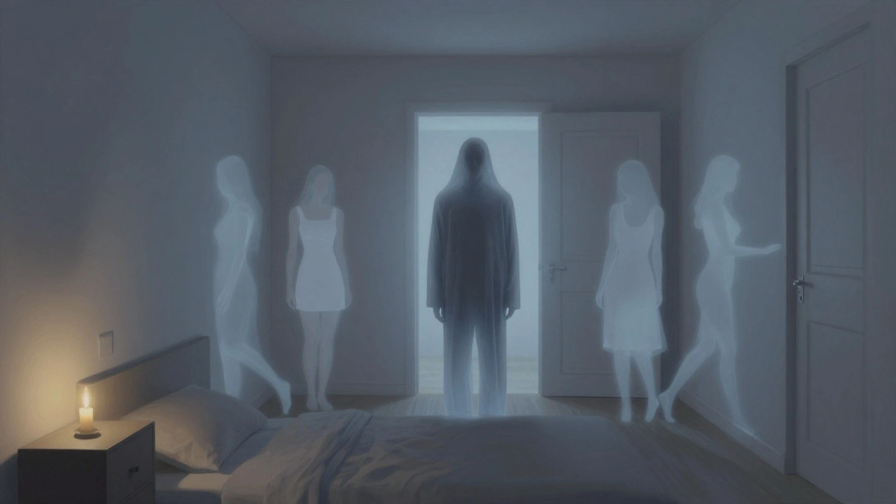 A ghostly figure in a minimalist bedroom surrounded by translucent silhouettes of visitors.