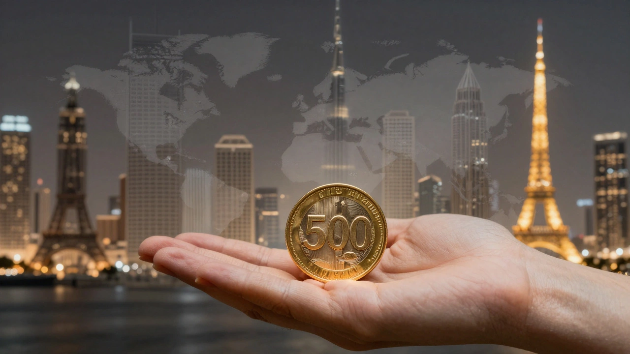 A large gold coin in a palm, with fading financial centers in the background and Dubai’s skyline glowing ahead.