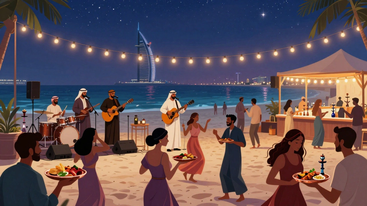 A live Arabic music performance under starry skies at JBR beach with a diverse crowd dancing.