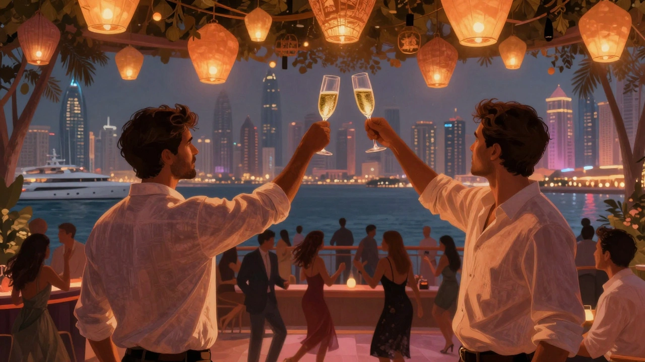 A luxurious private lounge above a nightclub, where guests toast with champagne under floating lanterns overlooking the city lights.