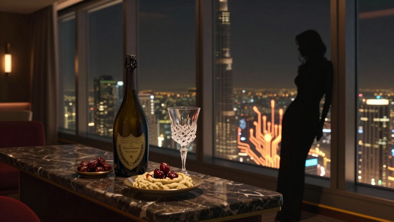 A luxurious private lounge at the top of Burj Khalifa with champagne and city lights in the background.